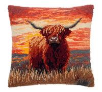 WallustrioaW Sunset Landscape Pre Printed Pattern DIY Latch Hook Kits,Animal Highland Cattle,Cross Stitch Sofa Cushion Cover,3D Pillow Latch Hook Embroidery Kits Kids and Adults,43x43cm
