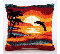 WallustrioaW Sunset Landscape Pre Printed Pattern DIY Latch Hook Kits,Dolphins Jumping Out of The sea,Cross Stitch Sofa Cushion Cover,3D Pillow Latch Hook Embroidery Kits Kids and Adults,43x43cm