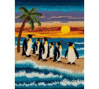 WallustrioaW tropical landscape Latch Hook Rug Kits,Penguin family on the beach,DIY Rug Making Kits for Adults Kids Beginners Carpet Doormat Creative Gift Home Decoration,60x90cm