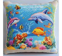 WallustrioaW Undersea Landscape Stamped Cross-Stitch Pillow Kit,Colorful Dolphin Fish Coral,Cushion Needlework Kit with Embroidery Pattern on Cotton Canvas Holiday,Gift Kits 18x18in