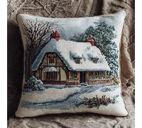 WallustrioaW Winter Snow Scene Latch Hook Cushion Kits for Adults,Cabin in The Woods,DIY Latch Hook Pillow Kit,Pre-Printed Cross-Stitch Cushion Cover for Gift Idea,17x17in