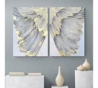 Wallvelart Angel Wings Canvas Art Large Grey and Gold Abstract Pictures White Feather Painting Angel Wings Canvas Prints Gold Foil Artwork 16x24inchx2 No Frame