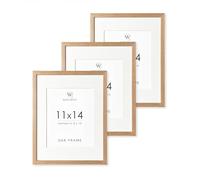 wallwisy 11x14 Picture Frame, 11x14 Solid Oak Frames with Mat to 8x10, 14x11 Wooden Frames for Wall, Natural Oak Wood Frame, Set of 3