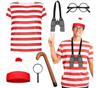 Wally Costume Accessories with Red and White Striped T-Shirt Beanie Hat Black Nerd Glasses Inflatable Cane Felt Telescope Magnifying Glass for Adult Kids World Book Day, Halloween, Dress up Day (XL)