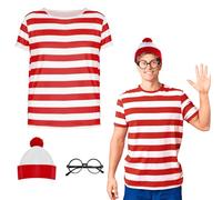 Wally Costume Cosplay Accessories Set with Red and White Striped T-Shirt, Beanie Hat, Black Nerd Glasses Fancy Dress for Adult World Book Day, Halloween，School Dress up Day
