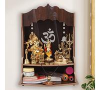 WALLZY Pooja Wooden Mandir for Home Wall Mounted | Wood Puja Home Temple with Double Shelf for Storage and God Idols Decoration for Living Room, Bedroom and Office