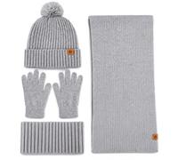 Walmsco Women's Hat Scarf Gloves Set, 4 Pcs Grey Knit Winter with Headband | Fleece-lined beanie, long scarf, touchscreen gloves and soft headband for autumn and winter styling