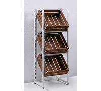 Walnut 3-Tier Floor-Standing Wood Storage Rack for Fruits & Vegetables - Kitchen Utility Shelf & Supermarket Display for Onions & Potatoes