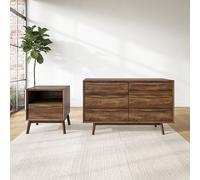 Walnut Bedside Table and Wide Chest of Drawers Set - Frances
