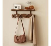 Walnut Color Bamboo Coat Rack Wall Mount with Tray, Stylish Wave Shape Hanger for Clothes & Hats, 4 Hooks Entryway nizer & Decorative Wall Hook