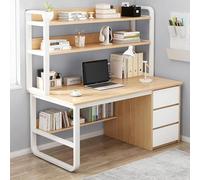 Walnut Computer Desk with Hutch and Bookshelf - Industrial Home Office Workstation, 3 Drawer Writing Table