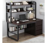 Walnut Computer Desk with Hutch and Bookshelf - Industrial Home Office Workstation, 3 Drawer Writing Table