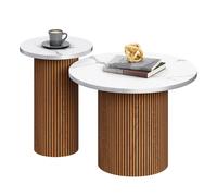 Walnut-Fluted Pedestal Round Coffee Table & Side Table Set - White Marble-Effect Top