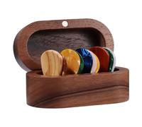 Walnut Guitar Plectrum Holder Set with 2 Color Wood Plectrums and 8 Celluloid Plectrums (4 Thicknesses),Mini Jewelry Box,Brown Wooden Trinkets,Box Size 3.35 * 1.77 * 1.57 inch (The Color of Walnut)