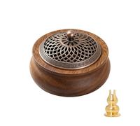 Walnut Incense Holder Tray with Striped Antique Bronze Lid - Chinese Style Backflow Incense Burner for Stick, Coil, Cone - Includes Fireproof Cotton & Incense Holder, Home Decor Gift