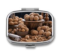 Walnut Nuts Pill Box 2 Compartment - Small Metal Medicine Organizer Portable Pill Case for Purse Pocket Travel Vitamin Organizer for Men Women, BPA-Free