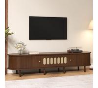Walnut Oval TV Cabinet 180x40x40 cm, Rattan Design, MDF, Stylish Low Storage Unit with Shutter Doors for Living Room, Modern Entertainment Center