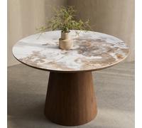 Walnut Pedestal Round Dining Table with Marble Effect - Seats 4 - Malia