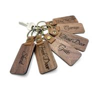 Walnut ~ Personalised Wooden Keyring with Double Sided Custom Engraving of Your Choice with Classy Elegant Font for Home, Hotel Rooms, Holiday Lodges, B&B, Business or Personal Use (Garage)