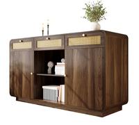 Walnut Sideboard 120cm 3 Drawer Cabinet with Rattan & d Handles 2 Cabinets + Open Shelf Adjustable Shelves Modern Storage Solution H85/B120/T40 cm