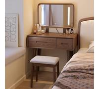 Walnut Solid Wood Makeup Vanity Desk with Adjustable LED Mirror 3 Drawer Storage Compact Design for Small Bedrooms Checkrooms Apartments Stylish & Functional!