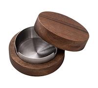 Walnut Wood Ashtrays with Lid - Covered Windproof Ashtray with Stainless Steel Liner | Indoor Outdoor Ash Tray for Home Patio | Decorative Smoking Accessories