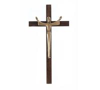 Walnut Wood Cross Crucifix with Gold Toned Pewter Risen Christ Corpus, 7 Inch