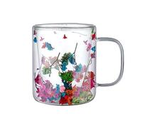 Walopola 1 Flower Glass Double Wall Glass, 250ml Dried Flowers Double Wall Glass Coffee Mugs, Dried Flower Double-Layer Glass Cup with Handles, Clear Glass Cups for Latte Cappuccino Macchiato