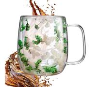 Walopola 250ml Dried Flower Double Walled Glass Coffee Mug White and Green Double Wall Transparent Coffee Cup Insulated Layer Flower Coffees Mug Built-in Selected Dried Flowers for Birthday
