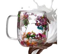 Walopola 390ml Dried Flower Double Walled Glass Coffee Mug Crystal Double Wall Transparent Coffee Cup Insulated Layer Flower Coffees Mug Built-in Selected Dried Flowers for Birthday