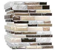 WALPLUS 10 PCS Brown Stone Mosaic 3D Tile Stickers 30.5 x 30.5 cm, Peel and Stick Waterproof Self Adhesive Wall Tiles for Kitchen Bathroom Splashback