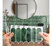 WALPLUS 12 PCS Mossy Dark Green Marble Stone 3D Tile Stickers 15.4 x 30.5 cm, Peel and Stick Waterproof Self Adhesive Wall Tiles for Kitchen Bathroom Splashback