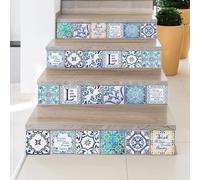 WALPLUS 120 Pcs 15cm(6") Tile Stickers Peel and Stick Backsplash Self-Adhesive Removeable Stick on Wall Vinyl Home Decoration DIY for Living Kitchen Bedroom Splashbacks - English Quote Vintage Blue