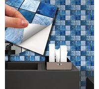 WALPLUS 120pcs 15x15cm Mother Pearl Blue Jewel Large Mosaic Wall Tile Sticker Set Black Aluminium Film Peel and Stick Backsplash Decals Home Decors Splashback for Kitchen Bathroom Tiles Paint Stick on