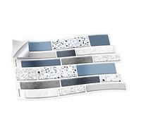 WALPLUS 12pcs(28.5x14cm/11.2x5.5in) 12 Pieces Terrazzo Silver Touch Blue and Grey Mosaic Wall Tile Sticker Backsplash Decals Vinyl Home Decors Splashback for Kitchen Bathroom Tile Paint Stick on Wall