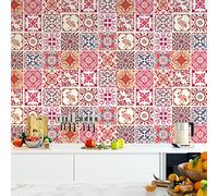 WALPLUS 15cm(6") 24 pcs Moroccan Rose Red Mosaic Wall Tile Stickers Peel and Stick Backsplash Self-Adhesive Vinyl Home Decoration DIY Living Bedroom Splashbacks for Kitchen Tile Paint Stick on Tiles
