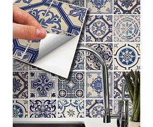 WALPLUS 15cm(6"") 24 pcs Tile Stickers Malaga Spanish Blue Peel and Stick Backsplash Self- Adhesive Decal Vinyl Home Decors DIY Splashback Spring Easter Decoration Tile Paint Stick on Tiles Bedroom