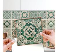 WALPLUS 15cm(6") 72 pcs Vintage Green Antique Azulejo Wall Tile Stickers Peel and Stick Backsplash Self-Adhesive Vinyl Home Decoration Living Bedroom Splashbacks for Kitchen Tile Paint Stick on Tiles