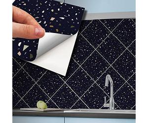 WALPLUS 15cm(6")@72pcs Dark Blue Metallic Silver Terrazzo Wall Tile Sticker Tile Paint Stick on Tiles Peel and Stick Self Adhesive Wall Tiles Stickers for Kitchen Bathroom Tile Transfer Backsplash
