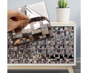 WALPLUS 15cm(6")@72pcs Metallic Silver Brown Stone Mosaic Wall Tile Sticker Tile Paint Stick on Tiles Peel and Stick Self Adhesive Wall Tiles Stickers for Kitchen Bathroom Tile Transfer Backsplash