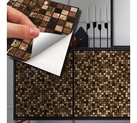 WALPLUS 15cm(6) 72pcs Metallic Brown Marble Mosaic Wall Tile Sticker Tile Paint Stick on Tiles Peel and Stick Self Adhesive Wall Tiles Stickers for Kitchen Bathroom Tile Transfer Backsplash Tile WT1602X3