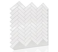 WALPLUS 16pcs 28x20.3cm White Herringbone Glossy 3D Sticker Tile Wall Covering Panelling Decorative Art Splashback for Kitchen Bathroom Paint Stick on Tiles Bedroom Living Room Decors