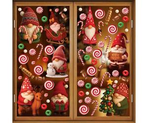 WALPLUS 186 PCS Christmas Window Stickers - Reusable Holiday Gnomes & Candy Delights Clings, Double-Sided PVC Snowflake Decals for Xmas Decorations