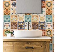WALPLUS 24 Pcs 15cm(6") Tile Stickers Peel and Stick Backsplash Self-Adhesive Removeable Stick on Wall Vinyl Home Decoration DIY for Living Kitchen Bedroom Splashbacks - Jama Brown and Blue Moroccan