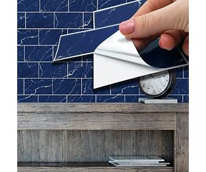 WALPLUS 28.5x14cm@12 pcs Blue Marble Metro Flat Tile Sticker Backsplash Tile Paint Stick on Tiles Peel and Stick Self Adhesive Wall Tiles Stickers for Kitchen Bathroom Tile Transfer
