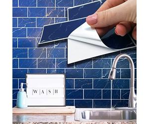 WALPLUS 28.5x14cm@24 pcs Blue Marble Metro Flat Tile Sticker Backsplash Tile Paint Stick on Tiles Peel and Stick Self Adhesive Wall Tiles Stickers for Kitchen Bathroom Tile Transfer