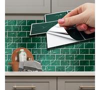 WALPLUS 28.5x14cm@36 pcs Green Marble Metro Flat Tile Sticker Backsplash Tile Paint Stick on Tiles Peel and Stick Self Adhesive Wall Tiles Stickers for Kitchen Bathroom Tile Transfer
