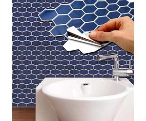 WALPLUS 28.5x14cm@48 pcs Shimmering Blue Honeycomb Hexa Wall Tile Sticker Backsplash Tile Paint Stick on Tiles Peel and Stick Self Adhesive Wall Tiles Stickers for Kitchen Bathroom Tile Transfer