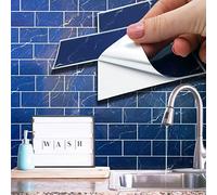 WALPLUS 28.5x14cm@60 pcs Blue Marble Metro Flat Tile Sticker Backsplash Tile Paint Stick on Tiles Peel and Stick Self Adhesive Wall Tiles Stickers for Kitchen Bathroom Tile Transfer