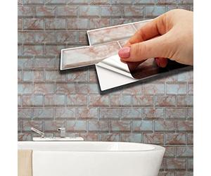 WALPLUS 28.5x14cm@60 pcs Rose Marble Subway Brick Tile Sticker Backsplash Tile Paint Stick on Tiles Peel and Stick Self Adhesive Wall Tiles Stickers for Kitchen Bathroom Tile Transfer